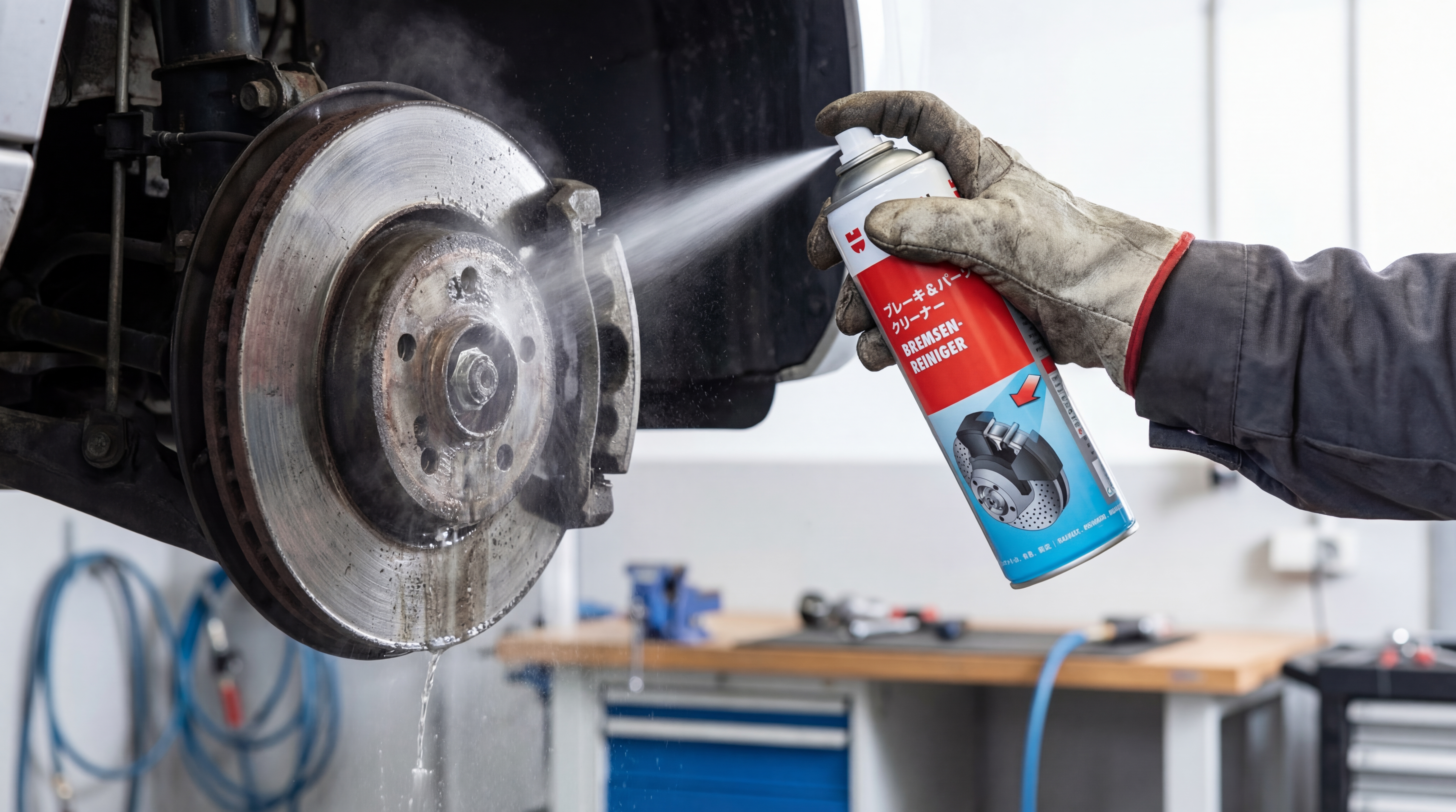 整備士がブレーキディスクにウルトクリーナーを噴霧 車検整備作業